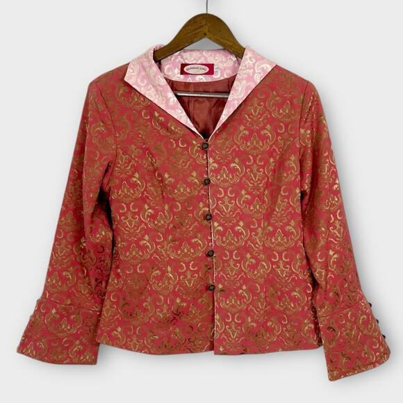 Shanghai Soho Coral and Gold Jacquard Chinese Asian Style Jacket Blazer Large - Picture 1 of 9
